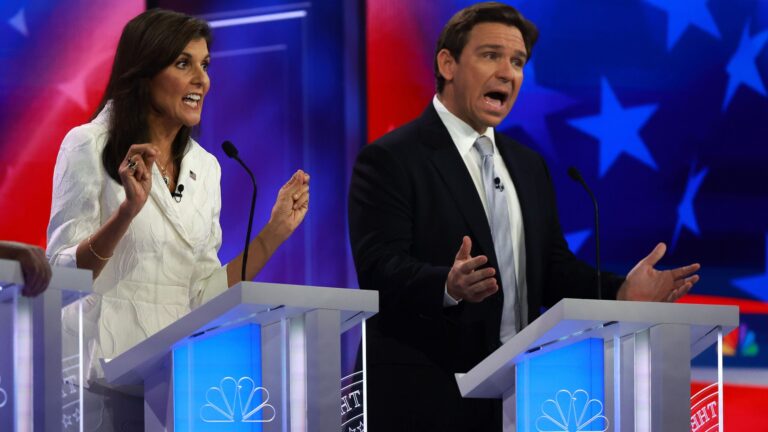 Republican presidential candidates Nikki Haley and Ron DeSantis participated in the Republican presidential primary debate in Miami on Wednesday, Nov. 8.